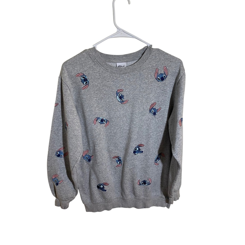 Disney Lilo & Stitch Embroidered All Over Print Sweatshirt Heather Gray Small‎